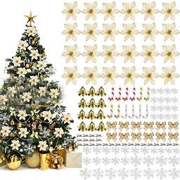 120 peças de flores de poinsétia com glitter, conjunto de enfeites de árvore de Natal com minicarcos artificiais de flores de árvore de Natal e sinos para pendurar para árvore de Natal, feriado e festa de casamento