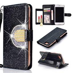 Capa carteira XYX para iPhone 7/iPhone 8, [função espelhado][Kickstand][Fivela de diamante][Compartimentos para cartões] Capa carteira protetora de corpo inteiro de couro sintético brilhante com glitter, preta