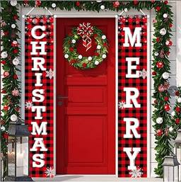 Decorações de Natal Conjunto de placas de varanda frontal de quintal, faixa de porta xadrez de búfalo preto vermelho, decorações de feliz natal penduradas para casa